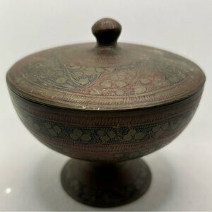 Vintage Lidded Bowl Asian Cloisonné Brass Solid Footed Heavy Blue Red 4 Inch